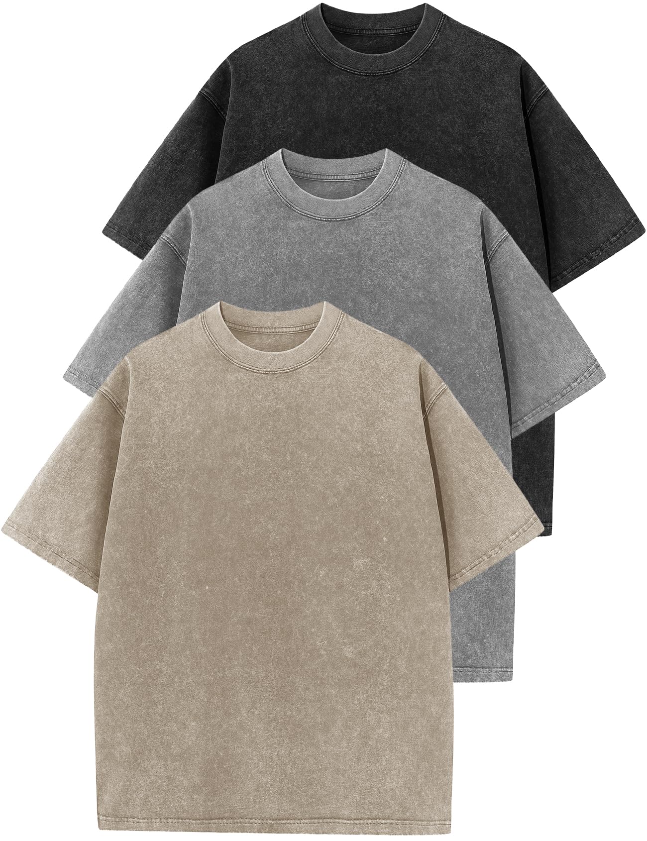 HOTFlygo 3 Pack Men Oversized T Shirts Acid Washed Unisex Tee Loose Fit Short Sleeve Casual Streetwear Baggy Basic Tops