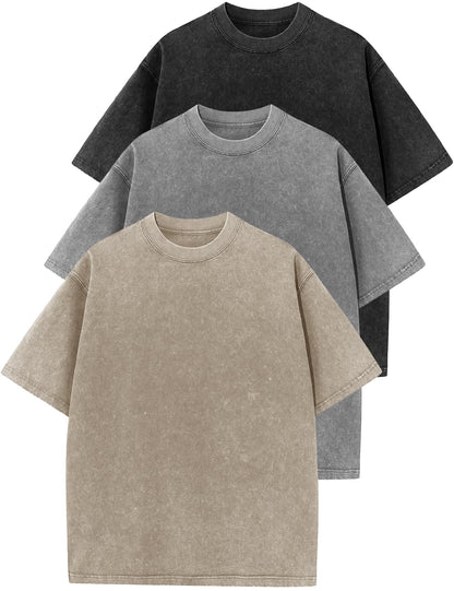 HOTFlygo 3 Pack Men Oversized T Shirts Acid Washed Unisex Tee Loose Fit Short Sleeve Casual Streetwear Baggy Basic Tops