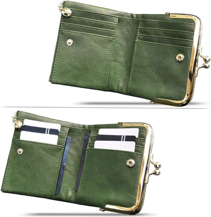 HOTPofeeXIO Womens Wallet RFID Small Compact Bifold Leather Vintage Wallet,Ladies Coin Purse with Zipper and Kiss Lock