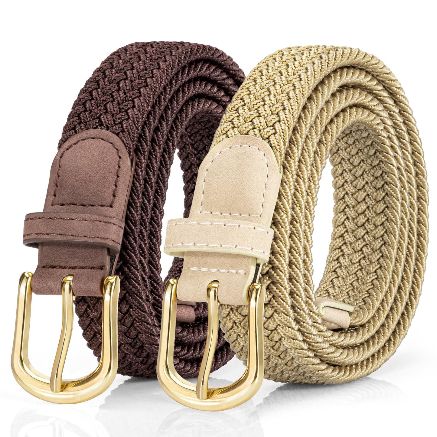 HOT2 Pack Braided Belt for Women, Elastic Woven Stretch Fabric Cloth Belt with Gold Buckle