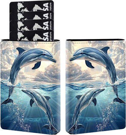 HOTPop Up Wallet Women Men with Money Slot,RFID Blocking Leather Minimalist Automatic Credit Card Holder Business Trifold Card Case-Blue Dolphin
