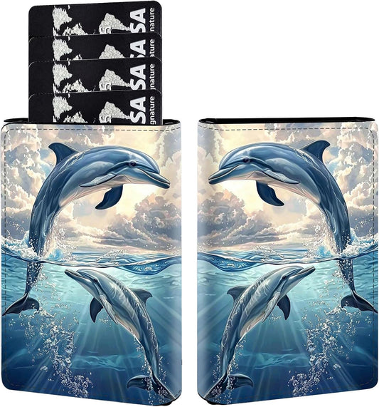 HOTPop Up Wallet Women Men with Money Slot,RFID Blocking Leather Minimalist Automatic Credit Card Holder Business Trifold Card Case-Blue Dolphin