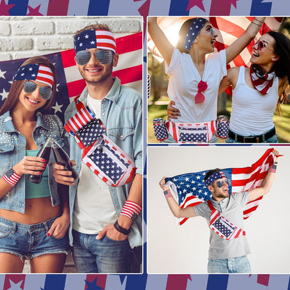 HOTTallew 9 Pcs 4th of July Fanny Pack American Flag Overalls 250 Years Patriotic American Flag Fanny Pack Beer Belt Suspenders Drink Holder Headband Wristband(Classic Style)