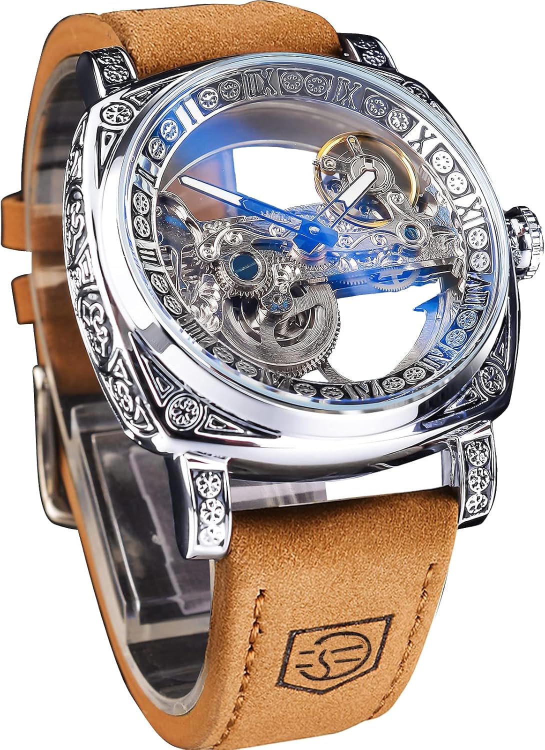 HOTFORSINING Men's Luxury Square Carving Mechanical Watch, Retro Totem Double Sided Hollow Skeleton Self-Wind Automatic Watches, Vintage Leather Strap Wristwatch Reloj para Hombre