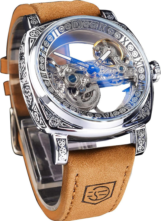 HOTFORSINING Men's Luxury Square Carving Mechanical Watch, Retro Totem Double Sided Hollow Skeleton Self-Wind Automatic Watches, Vintage Leather Strap Wristwatch Reloj para Hombre
