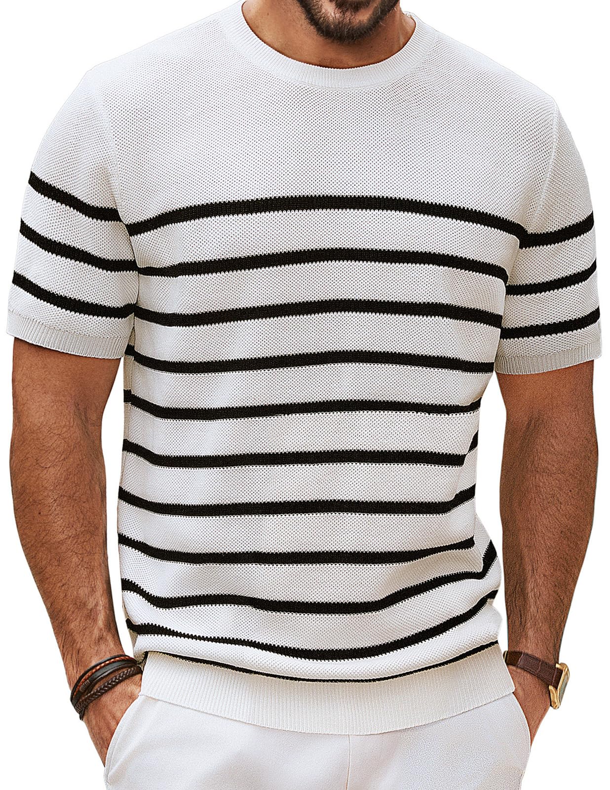 HOTPJ PAUL JONES Mens T Shirts Casual Knit Short Sleeve Tee | Crewneck, Textured Stretch T-Shirts, Lightweight, Comfortable, Breathable, Summer Clothing, Fashion, Classic, Vacation