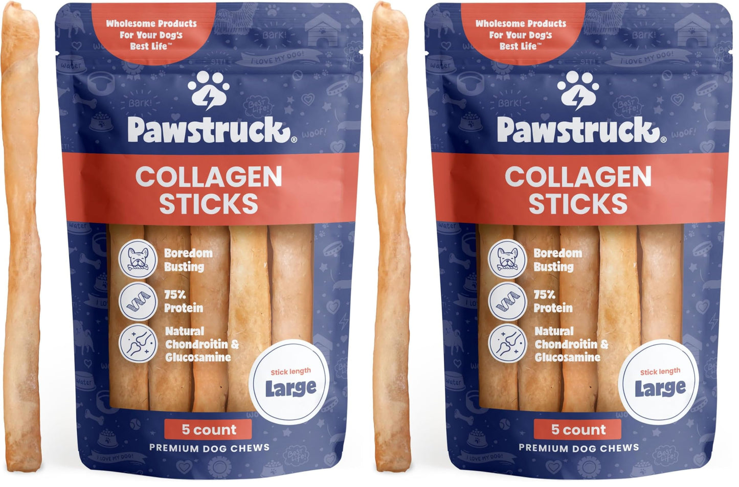 HOTPawstruck Natural Large 12" Beef Collagen Sticks for Dogs – Long-Lasting Rawhide Alternative, High Protein Treats with Chondroitin & Glucosamine – 5 Pack