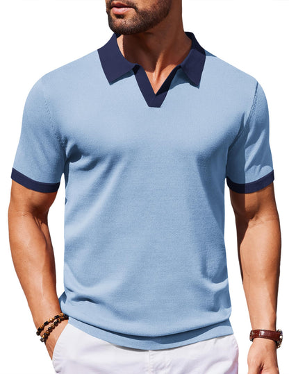 HOTCOOFANDY Men's V Neck Short Sleeve Stretch Knit Polo Shirt