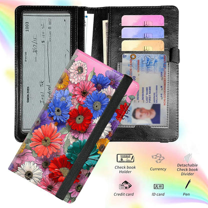 HOTCheck Register Covers for Personal Checkbook Women & Men, Large Capacity Leather Check Book Cover with Pen Holder Organizer Ladies Card Wallet w/RFID Blocking, Wildflower Pink