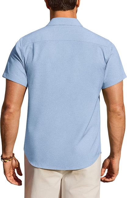 HOTMens Linen Shirt Short Sleeve Wrinkle Free Casual Untucked Button Down Shirts Beach Breathable Tops Summer