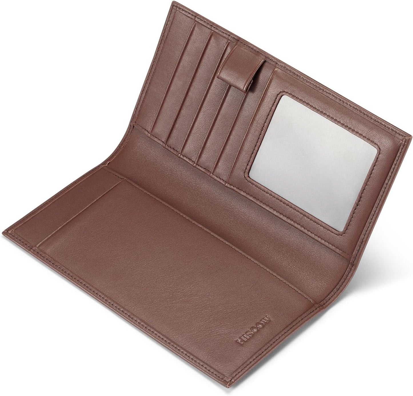 HOTHISCOW Leather Checkbook Cover with Card Slots & Pen Holder, Brown | Full grain cowhide, 5cc & ID window, personal check book & register pockets, removable duplicate divider, gifts for women men