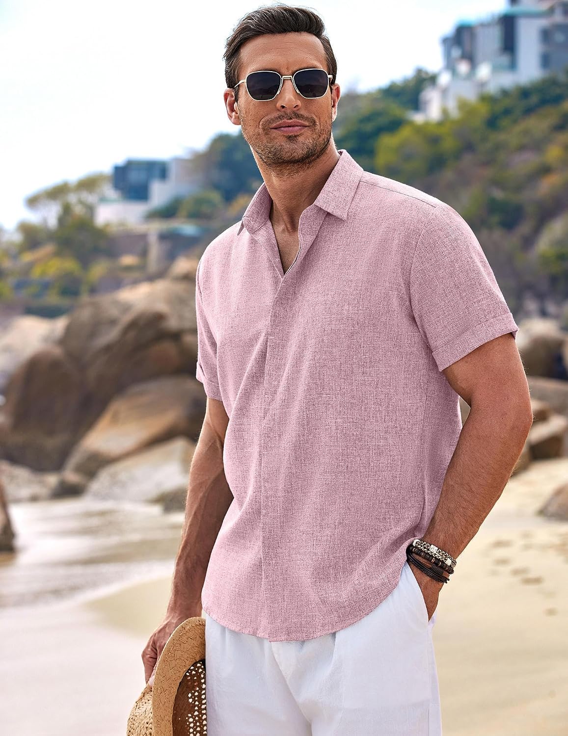 HOTCOOFANDY Men's Linen Shirts Short Sleeve Casual Shirts Button Down Shirt for Men Beach Summer Wedding Shirt