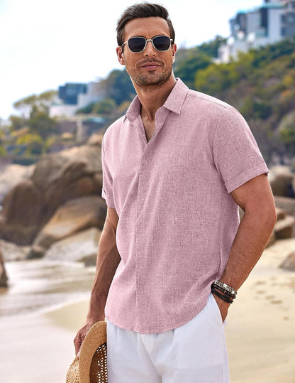 HOTCOOFANDY Men's Linen Shirts Short Sleeve Casual Shirts Button Down Shirt for Men Beach Summer Wedding Shirt