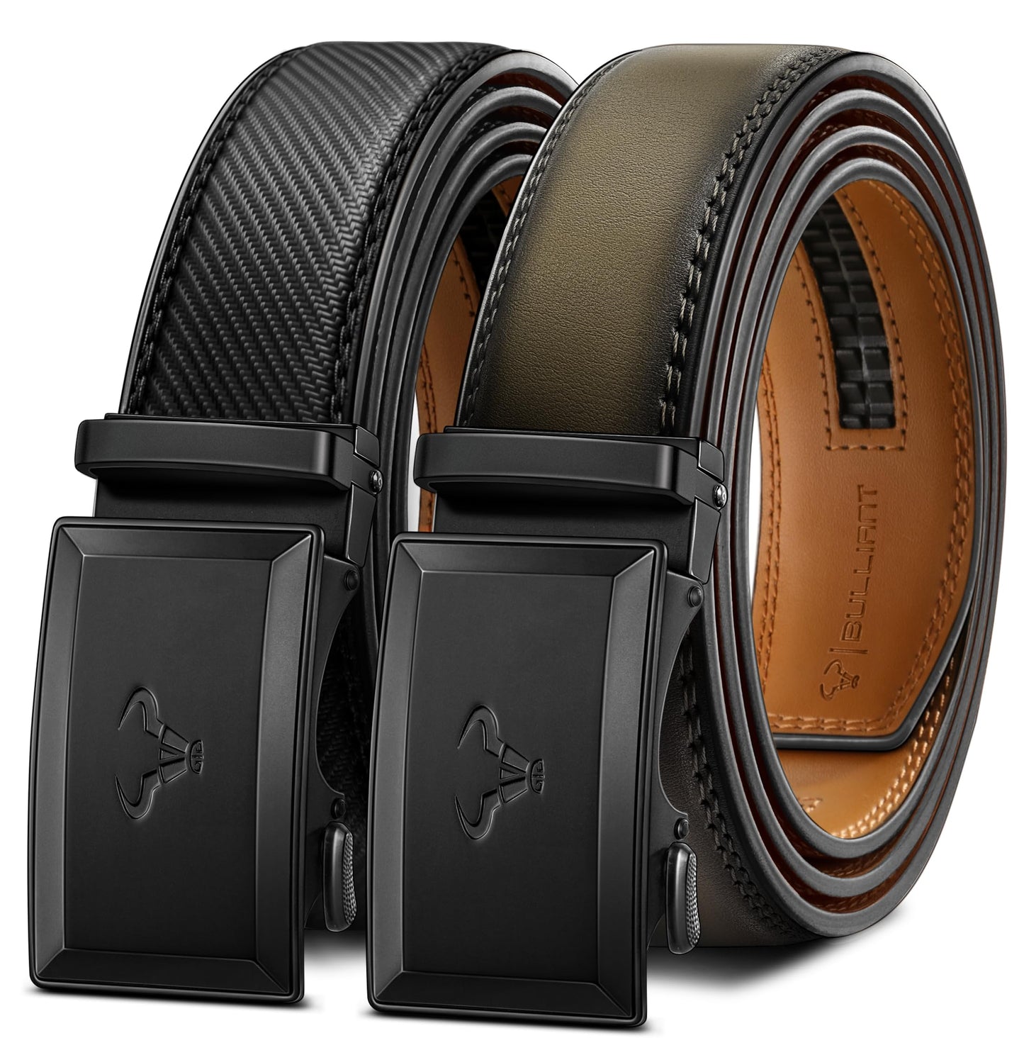 HOTBULLIANT Men Ratchet Belt 2 Pack, Click Sliding Leather Belt Adjustable for Gift Men Dress Casual Jeans 1 3/8,Cut for Fit
