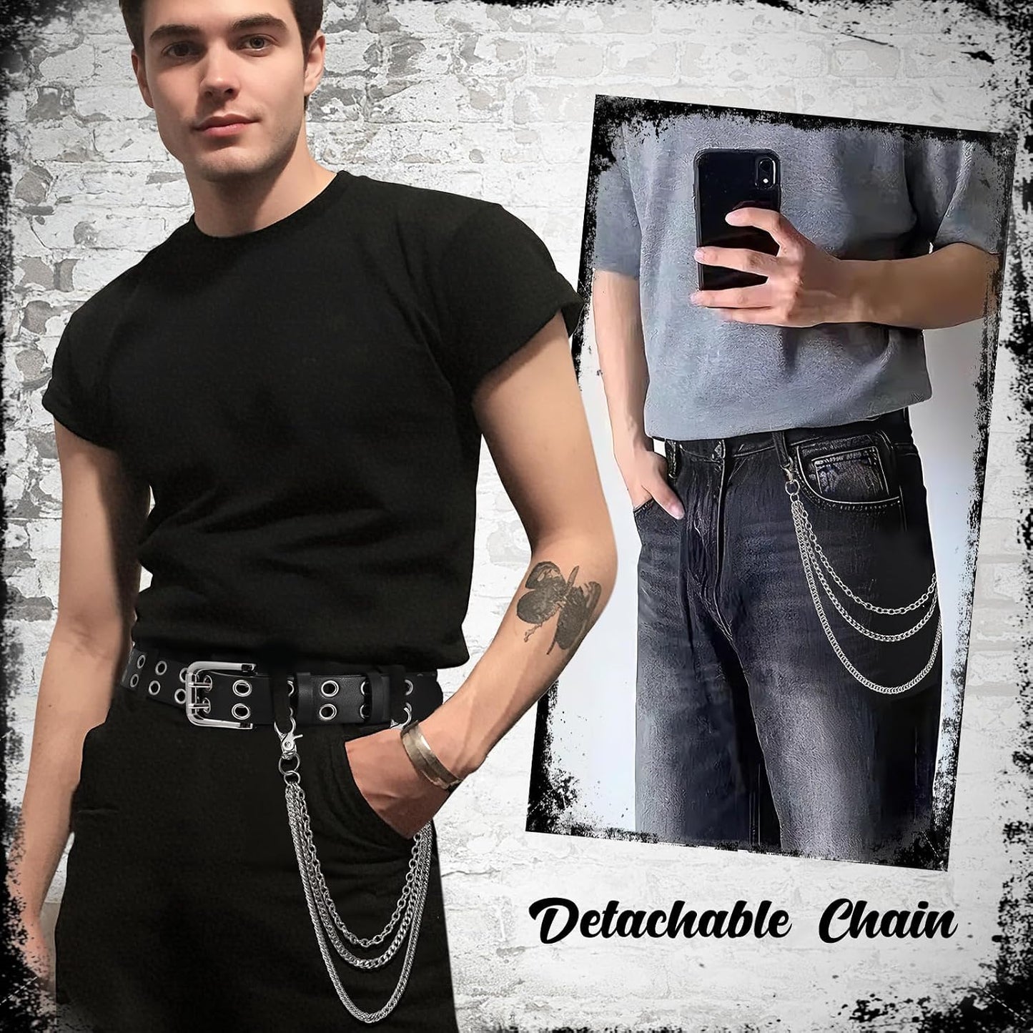 HOTBELTROAD Double Grommet Studded Belt with Detachable Chain Goth Belt for Men Women Punk Rock Metal for Jeans Pants