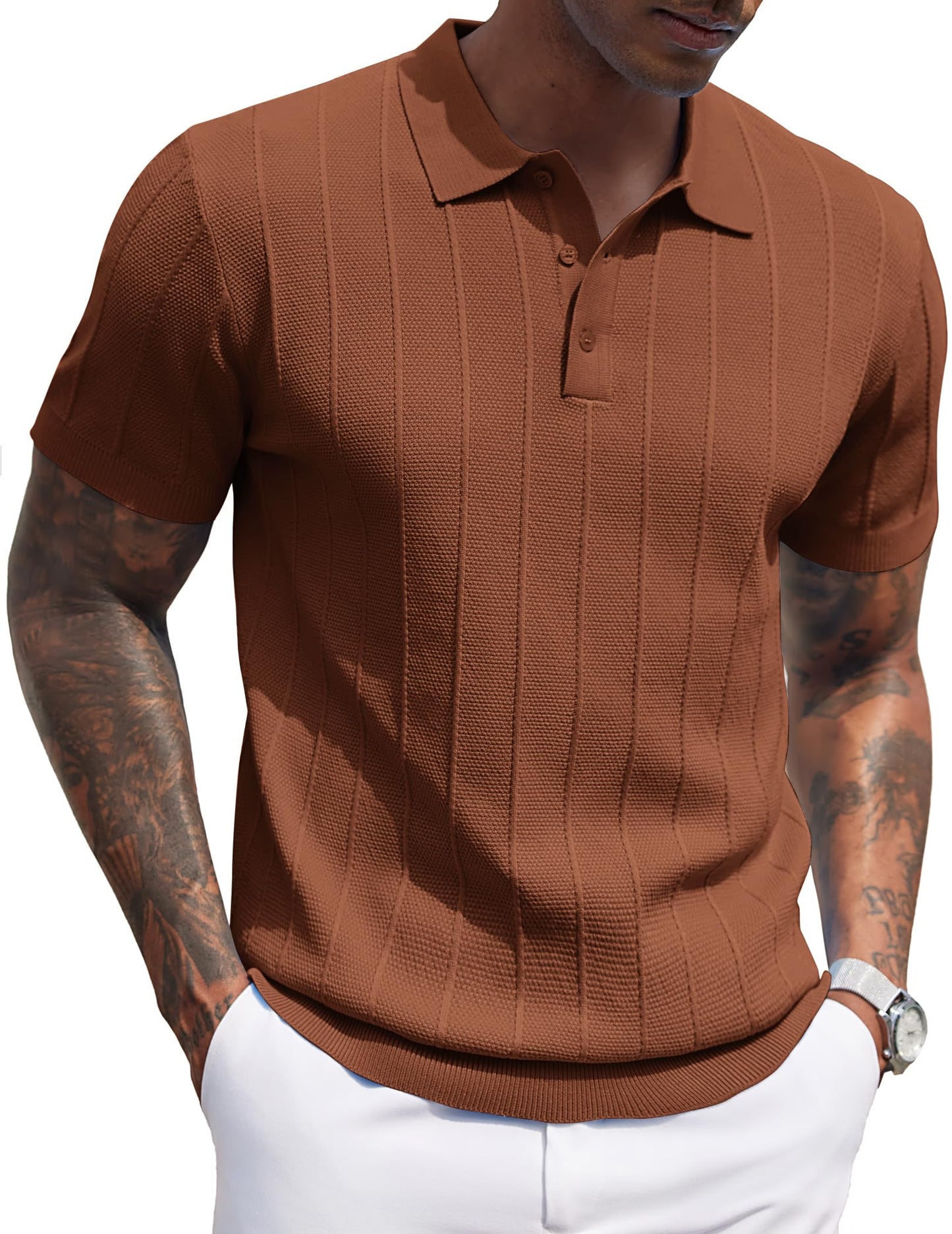 HOTCOOFANDY Mens Knit Polo Shirts Short Sleeve Ribbed Textured Polo Shirt Lightweight Casual Golf Shirts Collared T Shirt