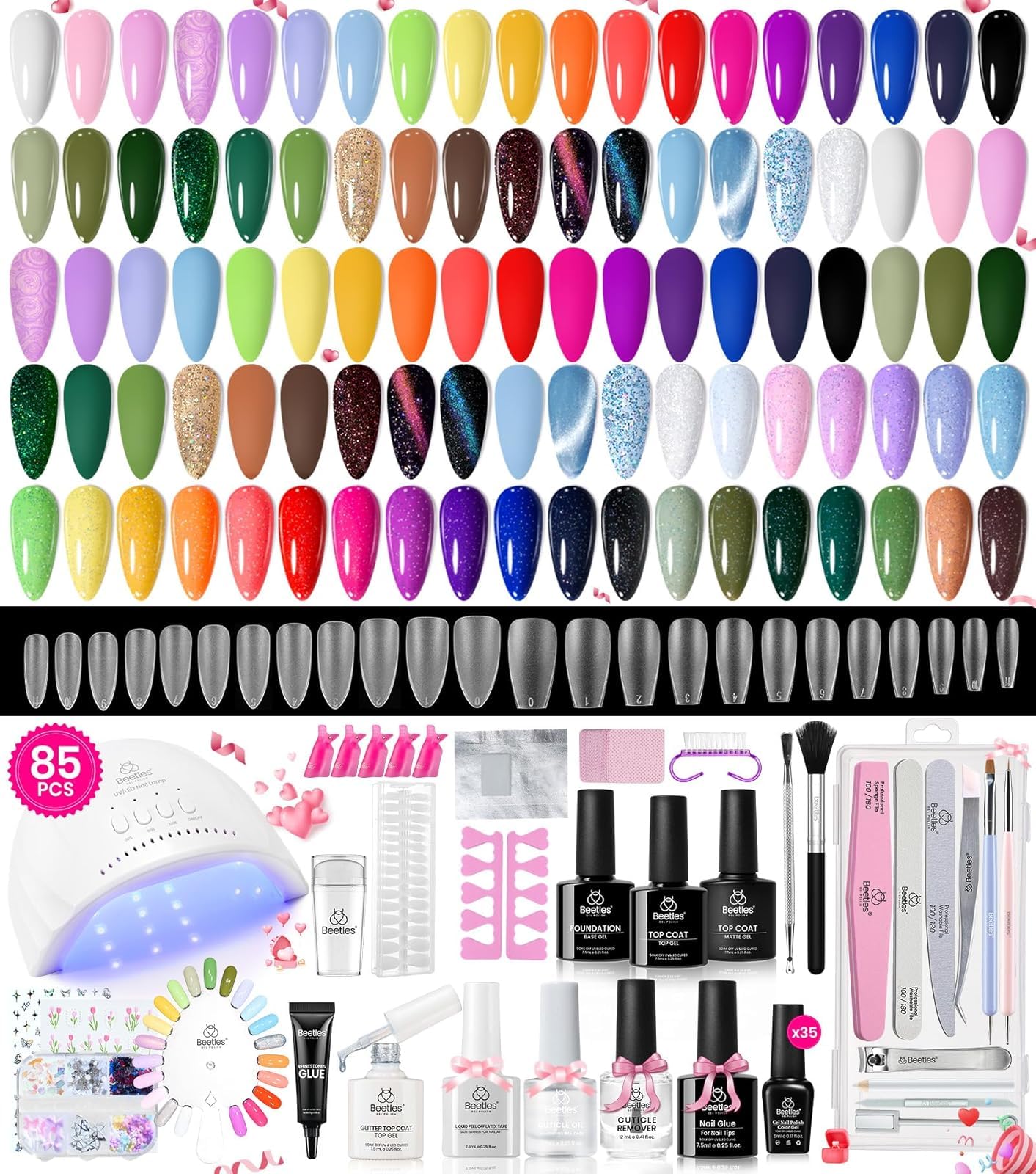 HOTBeetles Gel Nail Polish Kit with U V Light - 80Pcs 55 Colors Gel Nail Kit | Color Enchantment with Everything Base Top Coat Beginner Starter at Home Nails Kit Manicure DIY Salon Tools Gifts for Women