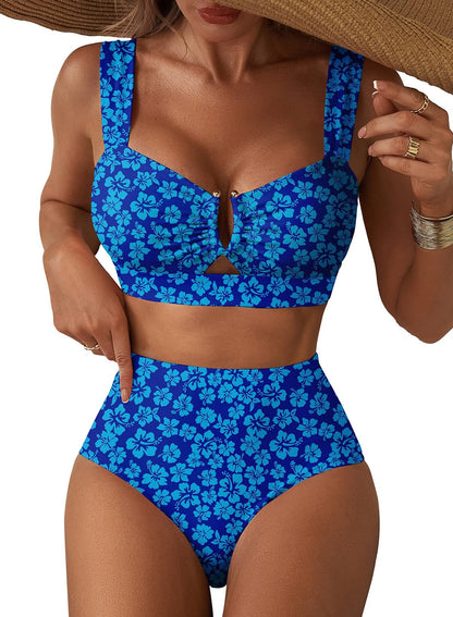 HOTHerseas Women's 2 Piece U Wire Cutout Bikini Sets Floral Print High Waisted Swimsuit 2026 Summer Beach Swim Bathing Suit