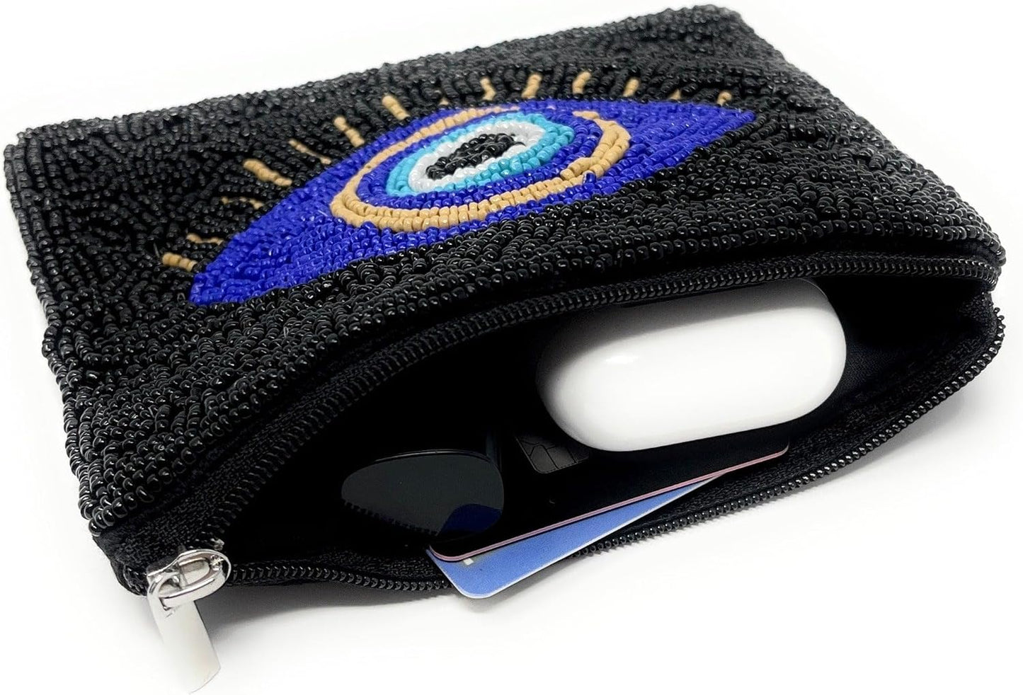 HOTTWINE AND LOVE Evil Eye Beaded Pouch Purse, Black Beaded Coin Purse, Coin Pouch Small Wallets Card Holder Bag, Evil Eye Card Case Wallet, Birthday Gift, CP0494