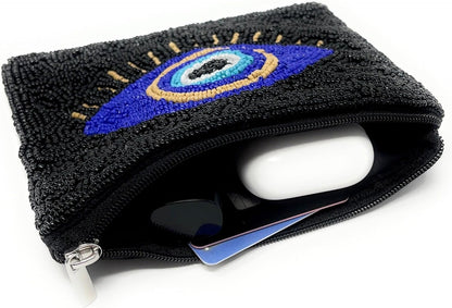 HOTTWINE AND LOVE Evil Eye Beaded Pouch Purse, Black Beaded Coin Purse, Coin Pouch Small Wallets Card Holder Bag, Evil Eye Card Case Wallet, Birthday Gift, CP0494