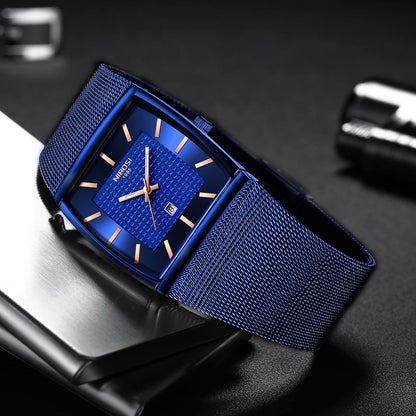 HOTNIBOSI Men's Analog Watch, Square Dial Mesh Strap, Date Display | 100 FT Waterproof, Fashion Casual Sports Business Classic Dress Quartz Wrist Watches for Men