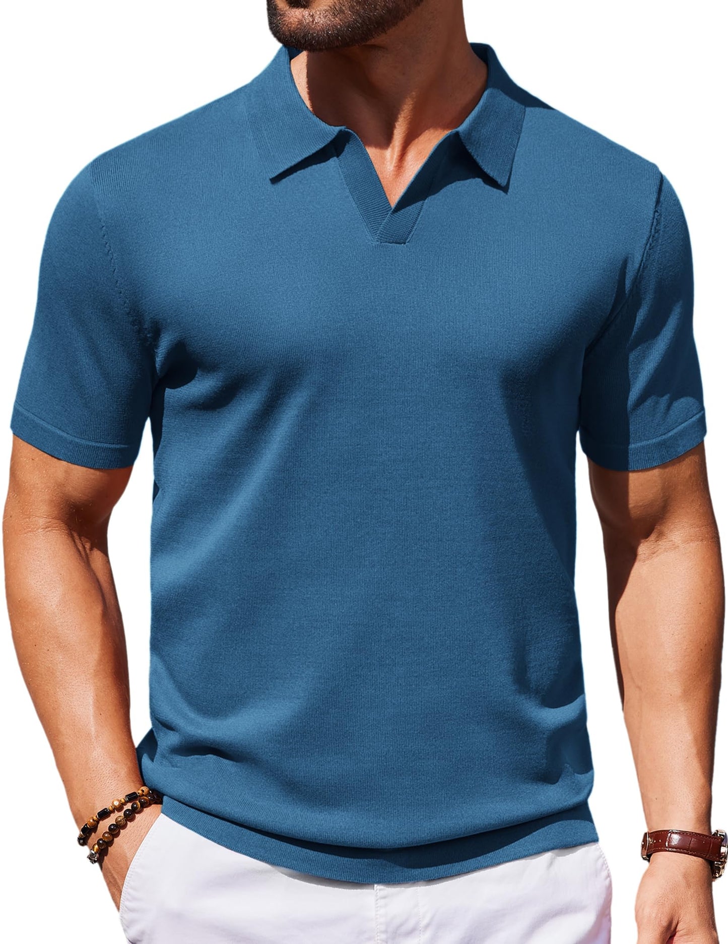 HOTCOOFANDY Men's V Neck Short Sleeve Stretch Knit Polo Shirt