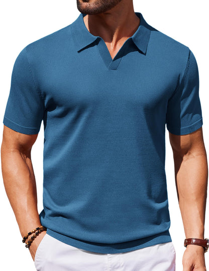HOTCOOFANDY Men's V Neck Short Sleeve Stretch Knit Polo Shirt