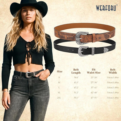 HOTWERFORU 2 Pack Women Western Leather Belts for Jeans Western Belts with Big Buckle Country Belts for Cowgirls