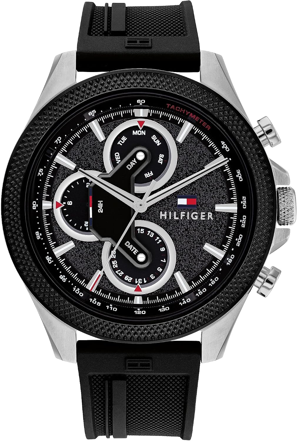 HOTTommy Hilfiger Men's Multifunction Quartz Watch – 46mm Stainless Steel Case, Racing-Inspired Design, 5 ATM Water Resistant, Elegant Modern Timepiece, Gift for Him