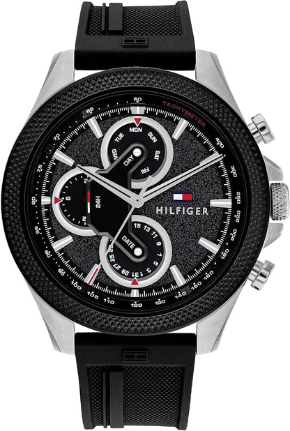 HOTTommy Hilfiger Men's Multifunction Quartz Watch – 46mm Stainless Steel Case, Racing-Inspired Design, 5 ATM Water Resistant, Elegant Modern Timepiece, Gift for Him