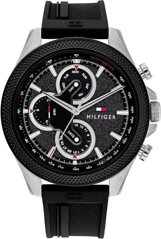 HOTTommy Hilfiger Men's Multifunction Quartz Watch – 46mm Stainless Steel Case, Racing-Inspired Design, 5 ATM Water Resistant, Elegant Modern Timepiece, Gift for Him