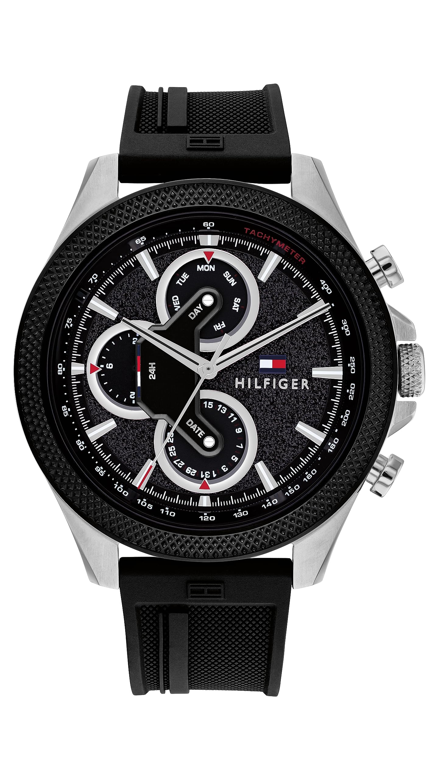 HOTTommy Hilfiger Men's Multifunction Quartz Watch – 46mm Stainless Steel Case, Racing-Inspired Design, 5 ATM Water Resistant, Elegant Modern Timepiece, Gift for Him