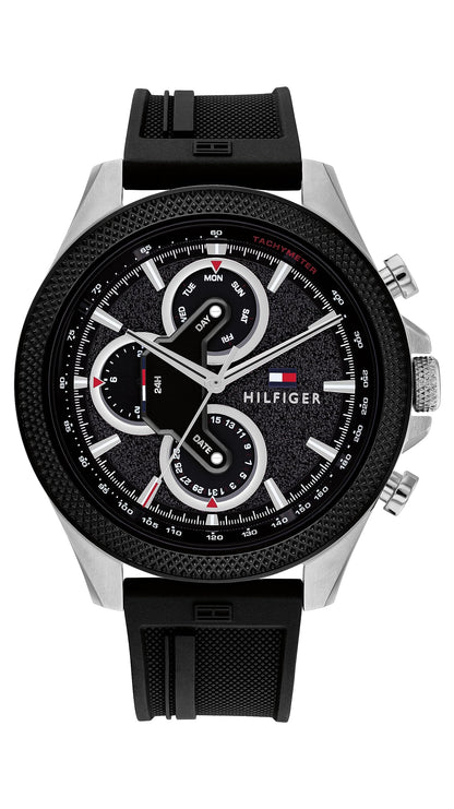 HOTTommy Hilfiger Men's Multifunction Quartz Watch – 46mm Stainless Steel Case, Racing-Inspired Design, 5 ATM Water Resistant, Elegant Modern Timepiece, Gift for Him