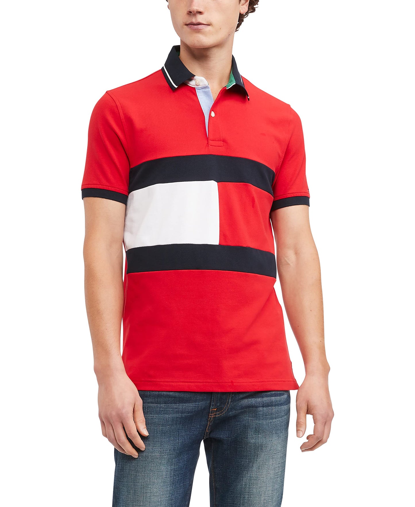 HOTTommy Hilfiger Men's Short Sleeve Cotton Pique Flag Graphic Polo Shirt in Custom Fit