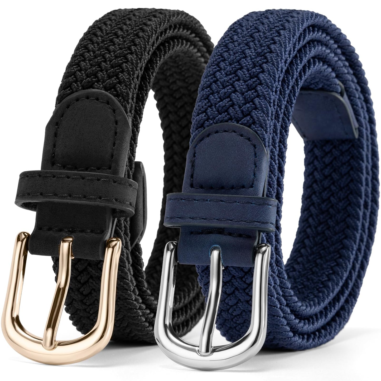 HOT2 Pack Braided Belt for Women, Elastic Woven Stretch Fabric Cloth Belt with Gold Buckle