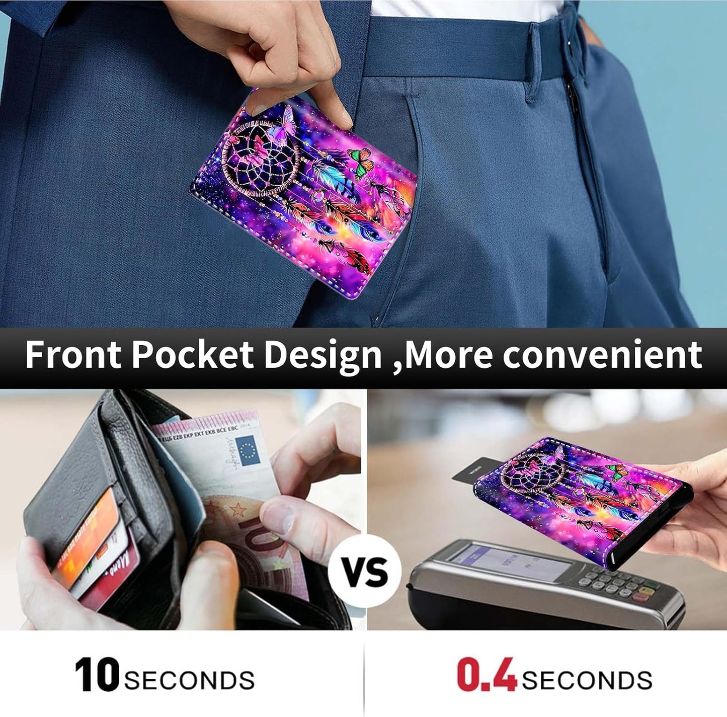 HOTPop Up Wallet Women Men with Money Slot,RFID Blocking Leather Minimalist Automatic Credit Card Holder Business Trifold Card Case-Purple Dream Catcher