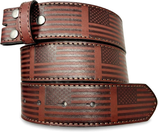 HOTBC Belts Leather Belt Strap with American Flag Embossed Pattern 1.5" Wide with Snaps - USA Patriotic Stars and Stripes