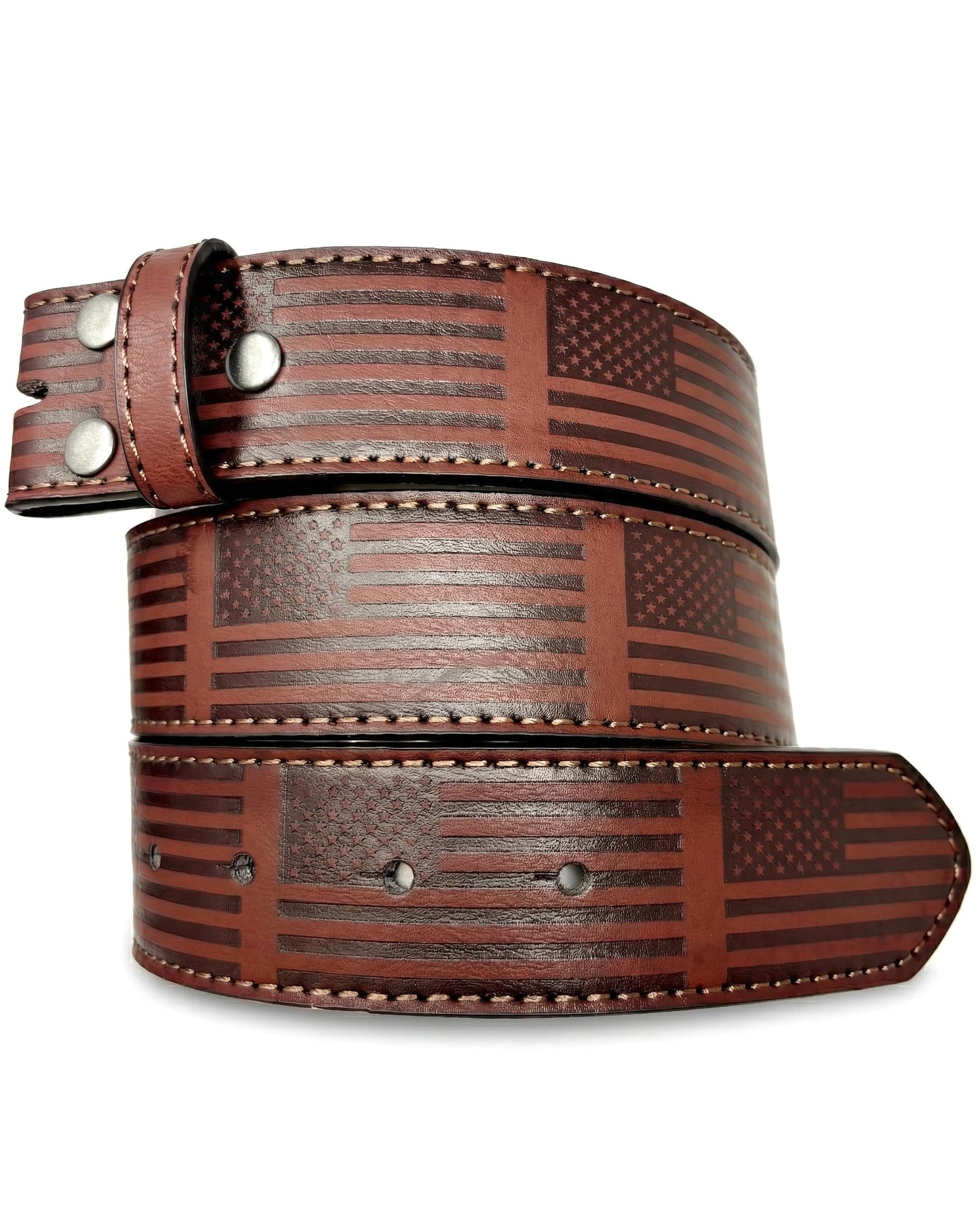 HOTBC Belts Leather Belt Strap with American Flag Embossed Pattern 1.5" Wide with Snaps - USA Patriotic Stars and Stripes