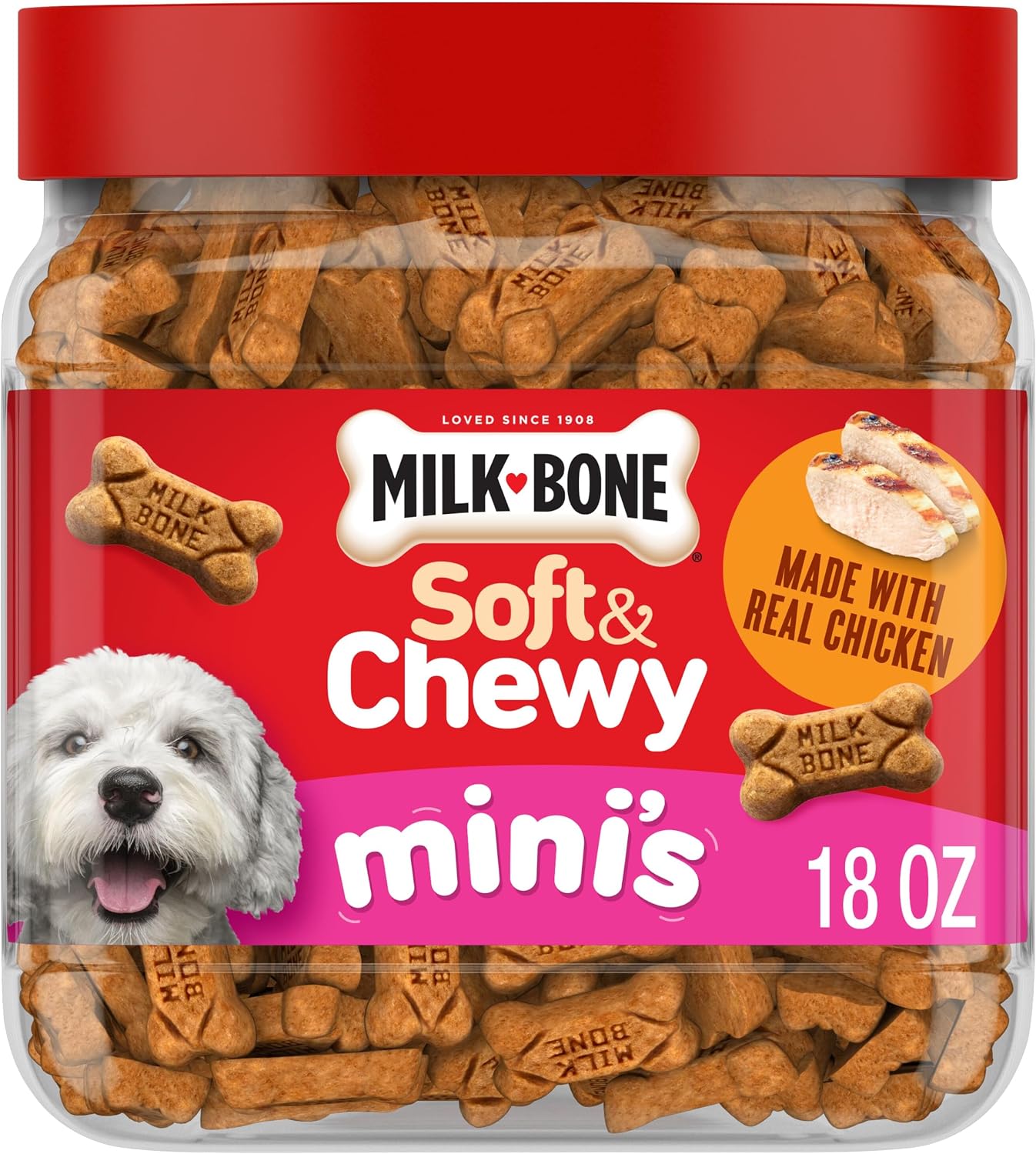HOTMilk-Bone Soft & Chewy Mini's Dog Training Treats, 18 oz Canister | Made with real chicken breast, small dog treats for training and rewarding, 18% protein, fortified with vitamins and minerals