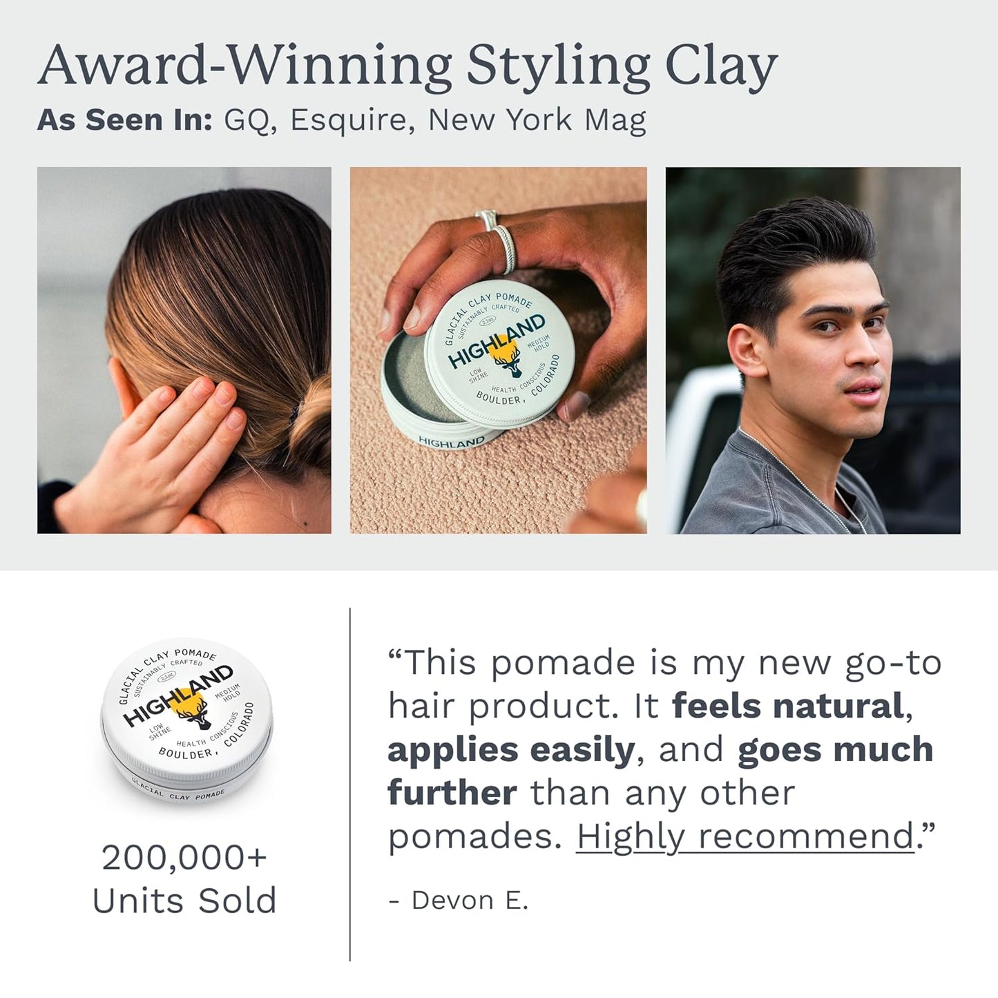 HOTHighland Glacial Hair Clay Pomade - Award winning hair styling clay for men and women made with 100% all natural and organic ingredients that promote hair and scalp health. Low shine, Medium Hold.