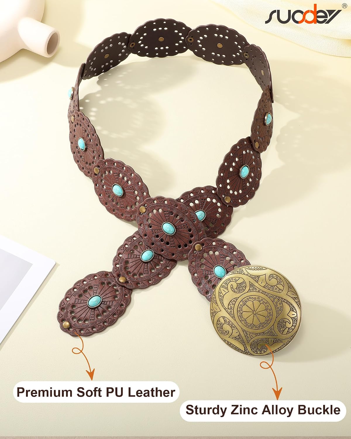 HOTSUOSDEY Wide Western Disc Belt with Turquoise Women Cowgirl Cowboy Boho Country Leather Belts for Jeans Dress, Width 2.36"