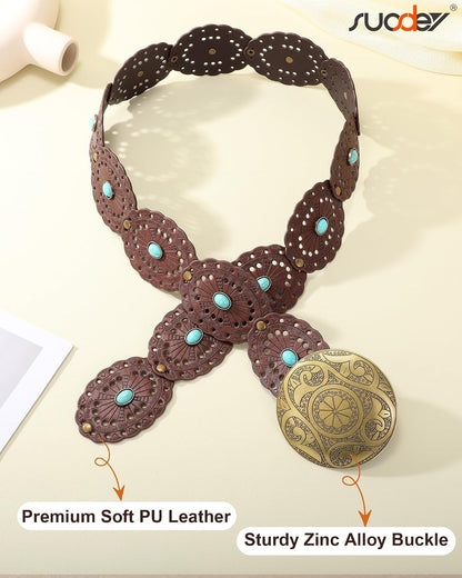HOTSUOSDEY Wide Western Disc Belt with Turquoise Women Cowgirl Cowboy Boho Country Leather Belts for Jeans Dress, Width 2.36"