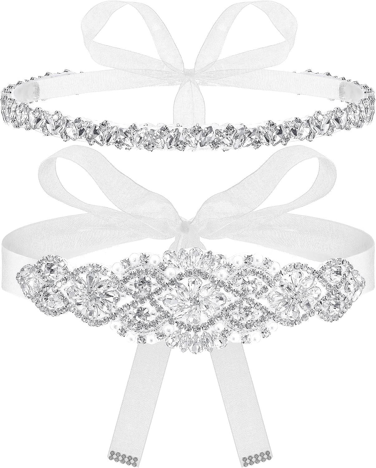 HOTSATINIOR 2 Pieces Rhinestone Bridal Wedding Dress Sash Belt Crystal Diamond Ribbon Wedding Belts for Bridesmaid Dress (White)