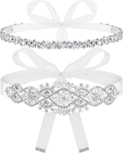 HOTSATINIOR 2 Pieces Rhinestone Bridal Wedding Dress Sash Belt Crystal Diamond Ribbon Wedding Belts for Bridesmaid Dress (White)