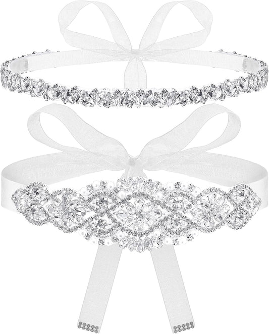 HOTSATINIOR 2 Pieces Rhinestone Bridal Wedding Dress Sash Belt Crystal Diamond Ribbon Wedding Belts for Bridesmaid Dress (White)