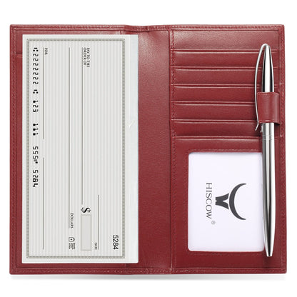 HOTHISCOW Leather Checkbook Cover with Card Slots & Pen Holder, Brown | Full grain cowhide, 5cc & ID window, personal check book & register pockets, removable duplicate divider, gifts for women men