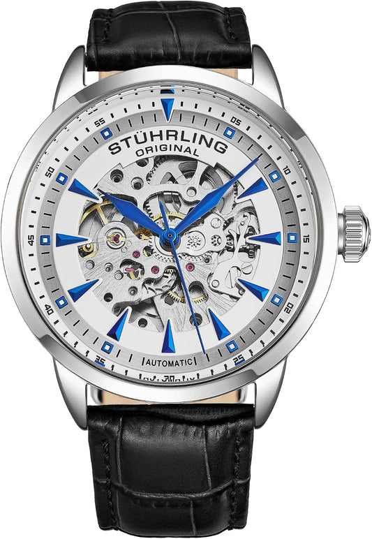HOTStuhrling Original Mens Skeleton Automatic Dress Watch with Alligator Embossed Leather Strap Skeleton Dial