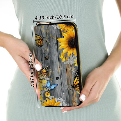 HOTWomens Wristlet Wallet RFID Blocking Large Capacity Zip Around Long Purse PU Leather Credit Card Holder with Detachable Hand Strap for Phone Cash,Sunflowers And Butterflies