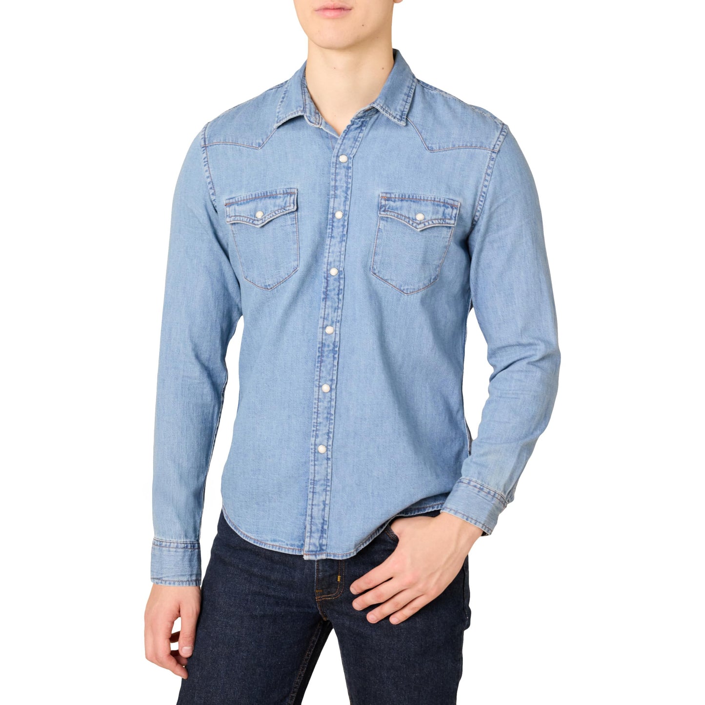 HOTAmazon Essentials Men's Slim-Fit Long-Sleeve Denim Western Style Cotton Shirt with Snap Buttons, Lightweight