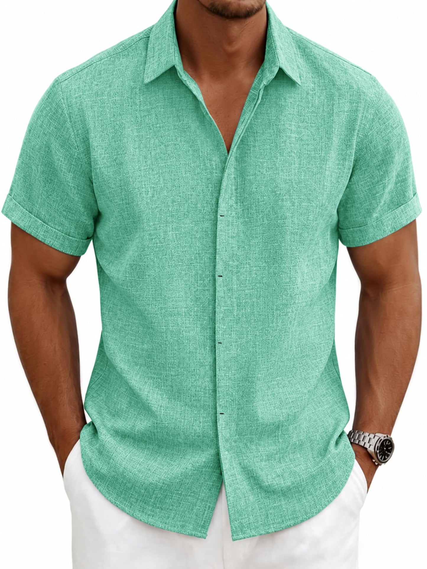 HOTMens Linen Shirts Short Sleeve Casual Shirt Button Down Summer Beach Vacation Tops Men Casual Dress Shirts Breathable